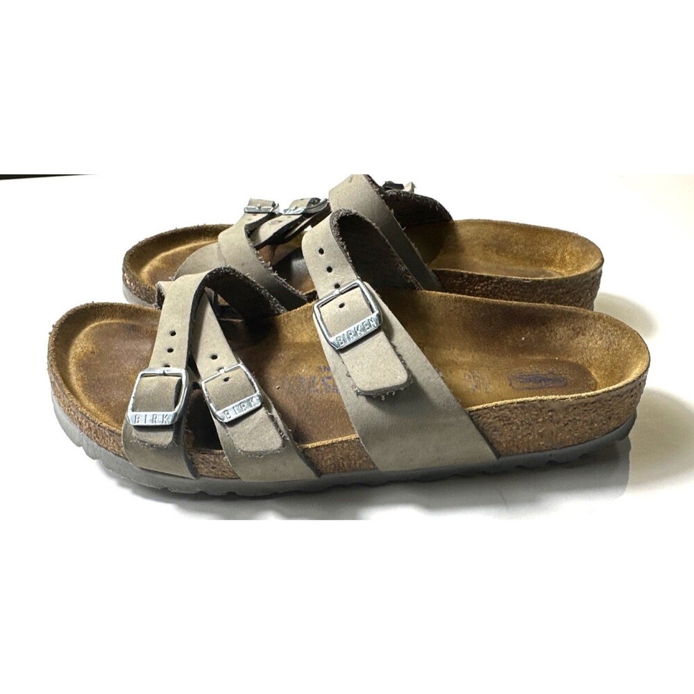 Birkenstock Womens Leather Sandals 39 Taupe Adjustable Straps Cork Sole Made In